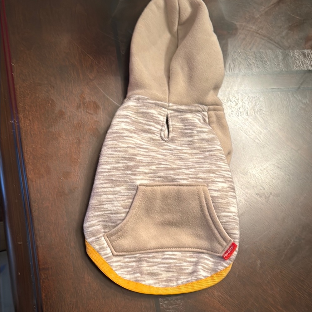 Gray and Tan Dog Hoodie with Yellow Trim